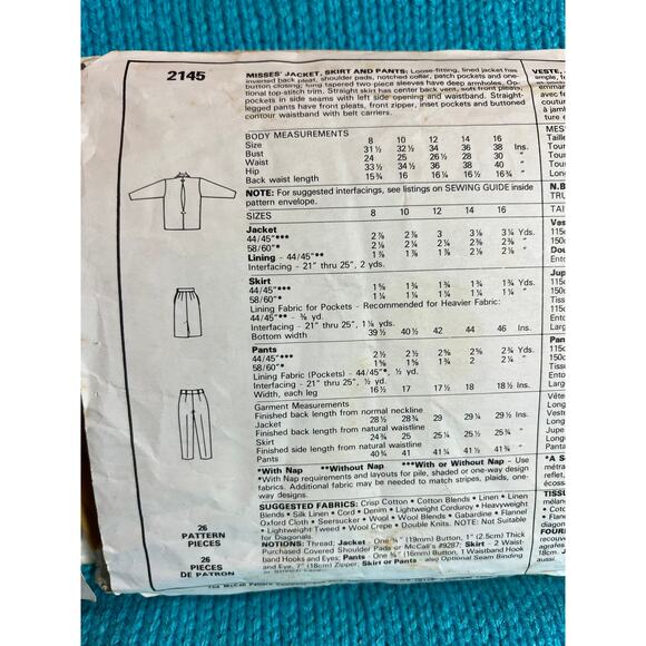 McCalls 2145 boxy blazer pants pencil skirt suit 1980s pattern sz 12 - Picture 3 of 5